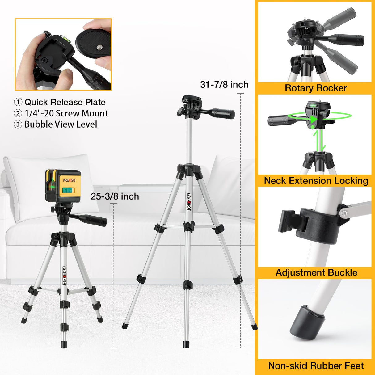 PREXISO Laser Level with Tripod, 100Ft Dual Modules Self Leveling Cross Line Laser Level, Green Line leveler Tool for Floor Tile, Home Renovation, Construction with 31-1/2in Tripod, 2 AA Batteries Prexiso