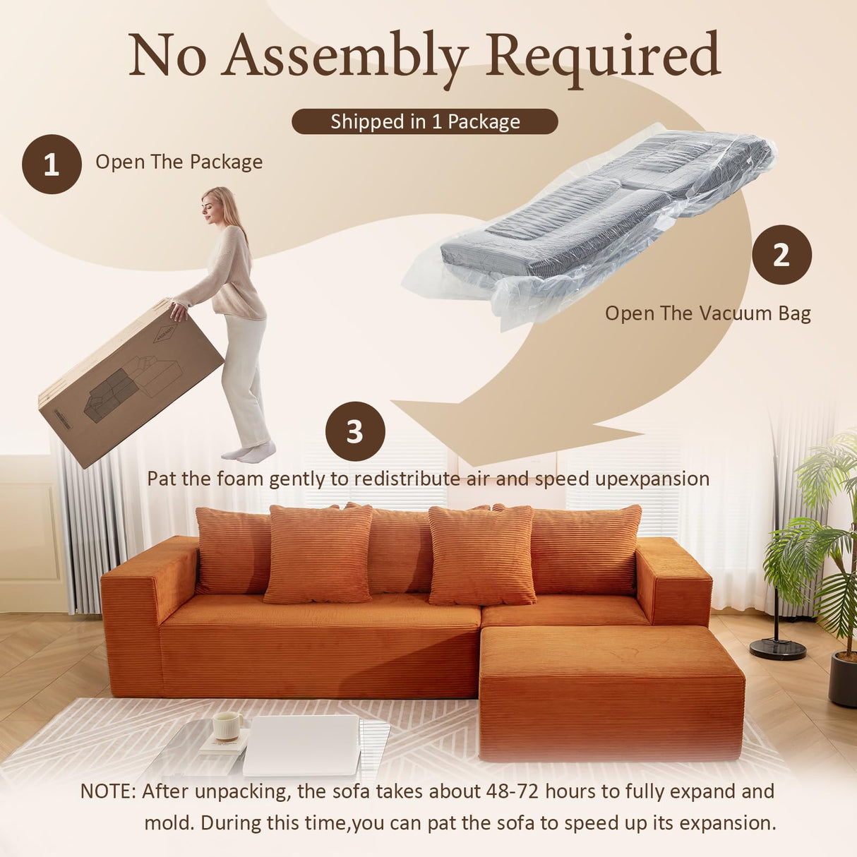 INGEROOM 108" Cloud Sectional Couch with L-Shape Chaise, Modular Sofa Memory Foam, Boneless Sofa with Movable Ottoman, Upholstered Couches for Living Room Bedroom, No Assembly Required, Orange INGEROOM