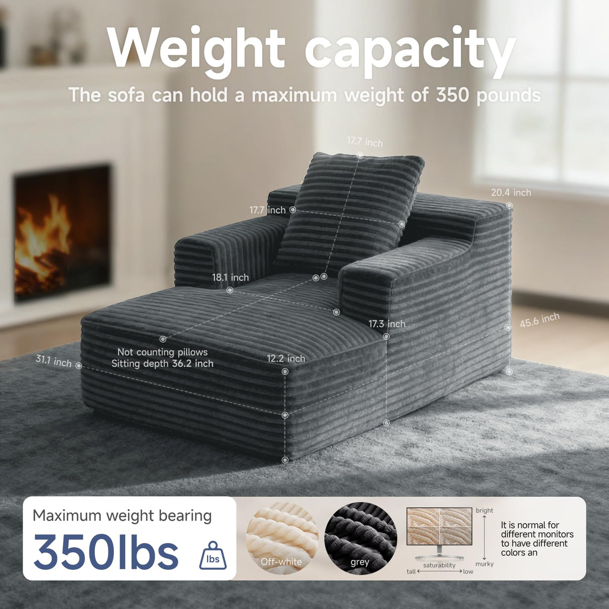 45'' Chaise Lounge Chair Indoor, Corduroy Upholstered Boneless Sofa Bed, Deep Seat Sleeper Couch Reading Chairs, Small Comfy Cloud Sofas Couches for Living Room, Bedroom, Movie Room (Dark Grey) Sonovafurn