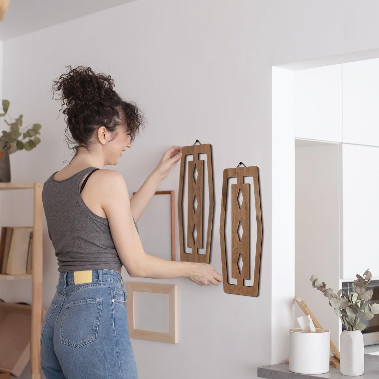 CroBlissful 2 Pcs Mid Century Wall Decor Wood Mid Century Modern Elegance Wall Accents Abstract Wall Decor Geometric Panels for Interior Wall Decor Panel Wall Art for Home Living Room (Dark Brown) CroBlissful