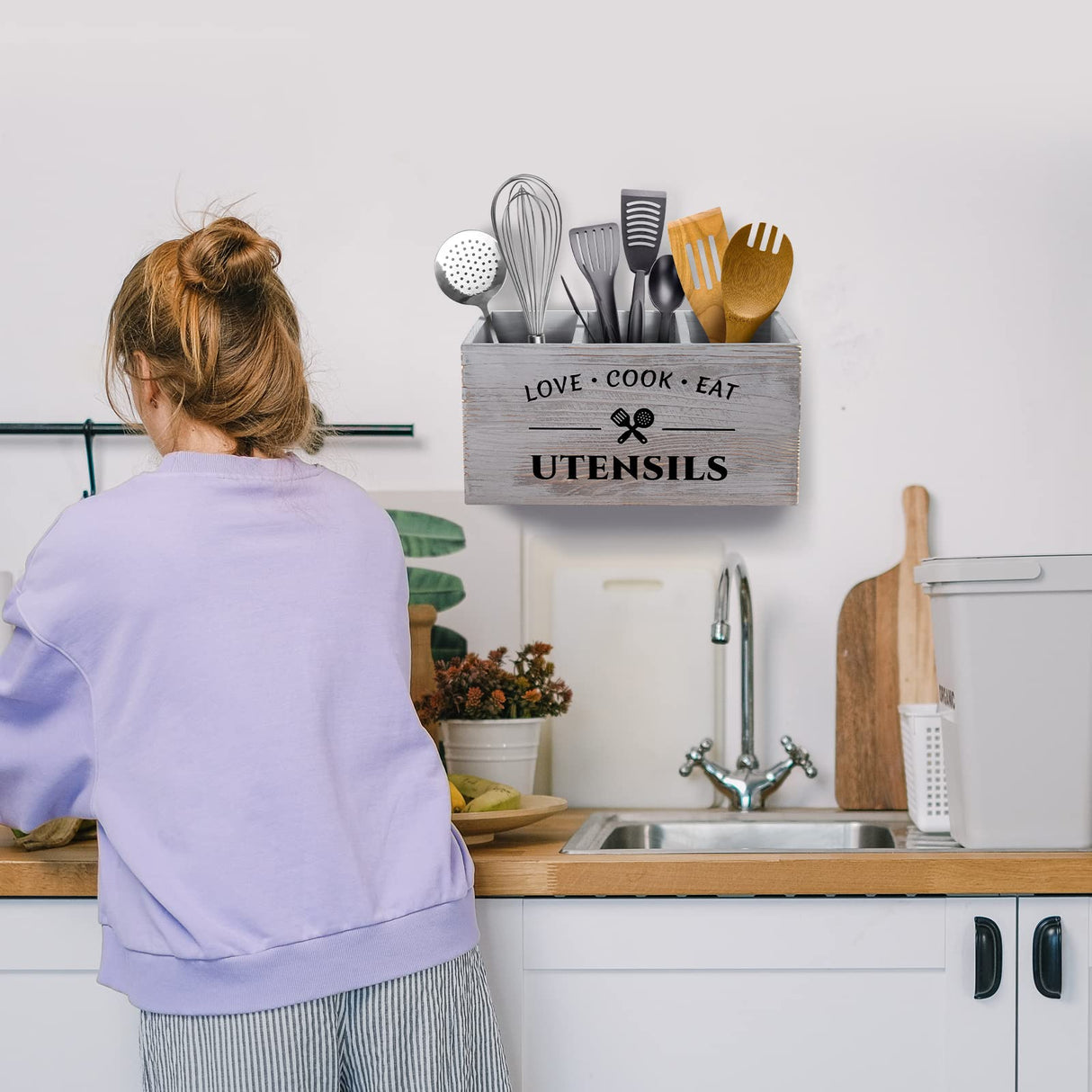 MINCORD Utensil Holder with 3 Compartments, Rustic Utensil Caddy Wood Utensil Crocks for Kitchen Counter, Farmhouse Flatware Utensil Organizer Storage Box for Silverware Fork Spoon Spatula MINCORD