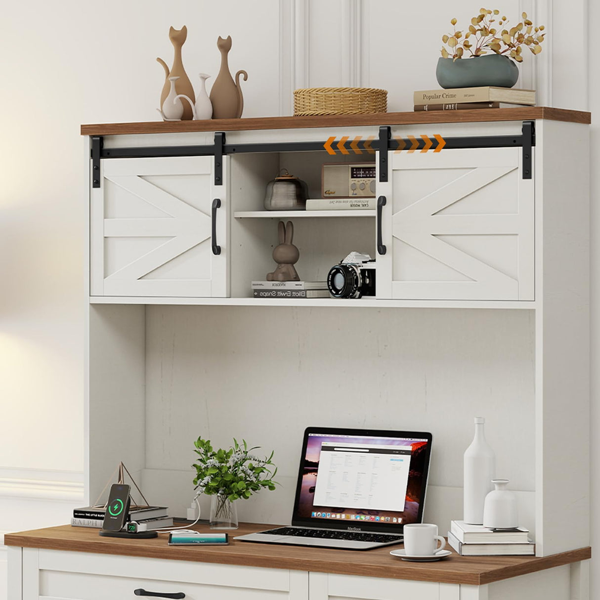 Farmhouse 47" Executive Desk, Computer Desk with 2 Drawers and Storage Cabinet, Home Office Desk with Hutch and Charging Station, Workspace for Work and Study.Brown Vabches