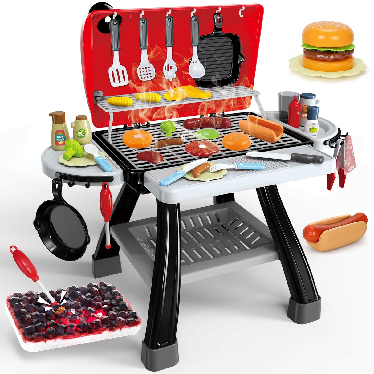 Bstoyder Kids Play Kitchen Toys, Kids BBQ Grill Kitchen Playset with Smoke, Sound & Light, Pretend Play Food Toys Cooking Set, 2-Layer Barbecue Outdoor Play Grill Toy Gift for Toddler Boys Girls 3-5 Bstoyder