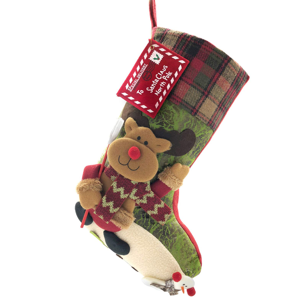 ETERAMUS 21 inch Plaid Christmas Stockings Deer, Bear, Animal One Piece, Felt Large Plush 3D Reindeer Snowman Design Hanging Stocking for Girls Boys Xmas Tree Mantel Party Decor (Green) ETERAMUS