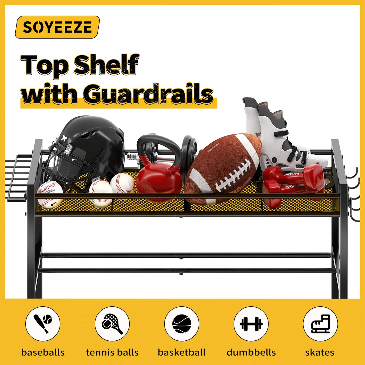 SOYEEZE Sports Equipment Organizer- Ball Storage for Garage,4 Tiers Outdoor Toy Storage,Soccer Racks,Basketball Shooting Training Stand Cart with Wheels and Hooks for Home-School and Gym Use SOYEEZE