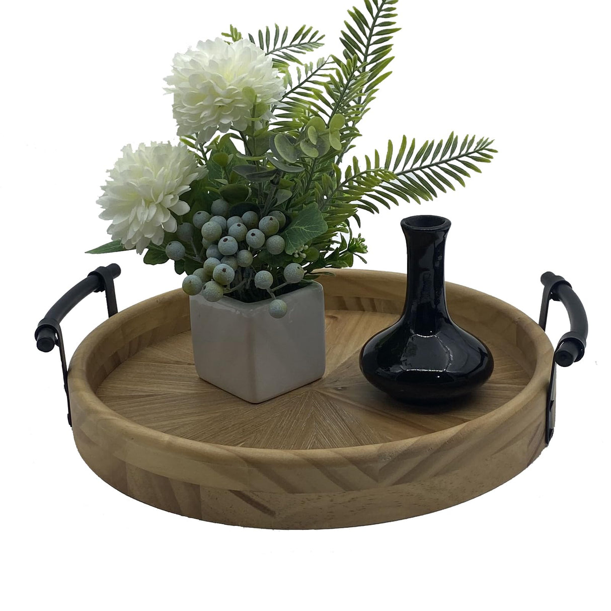 Rustic Round Wooden Decorative Tray with Metal Handles, Multi-Purpose Ottoman Tray, Farmhouse Serving Tray for Coffee Table, Kitchen or Living Room dugunusu