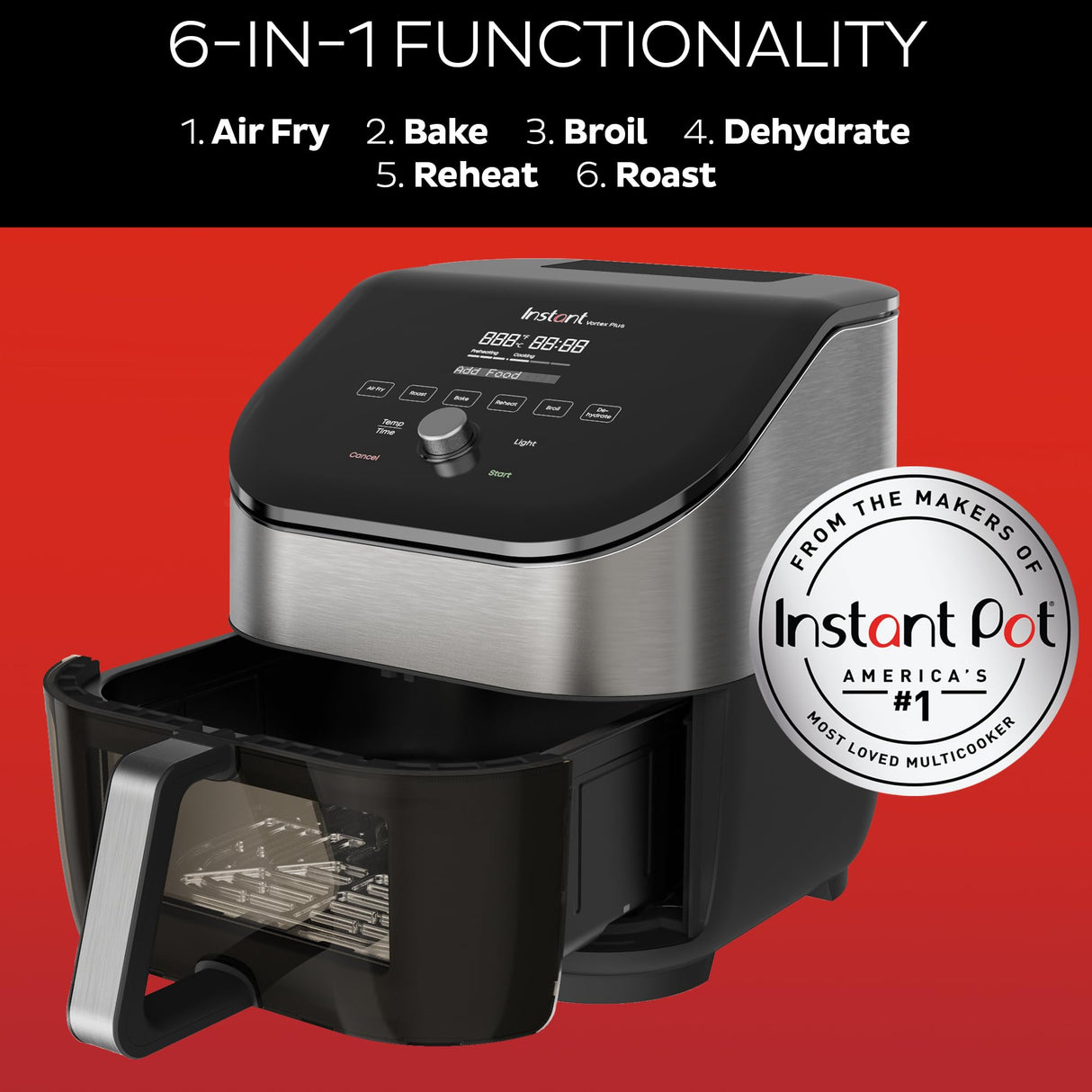 Instant Vortex Plus 6QT Air Fryer with Odor Erase Technology, 6-in-1 Functions that Crisps, Roasts, Broils, Dehydrates, Bakes & Reheats, 100+In-App Recipes, from the Makers of Instant Pot,1700W,Black Instant Pot