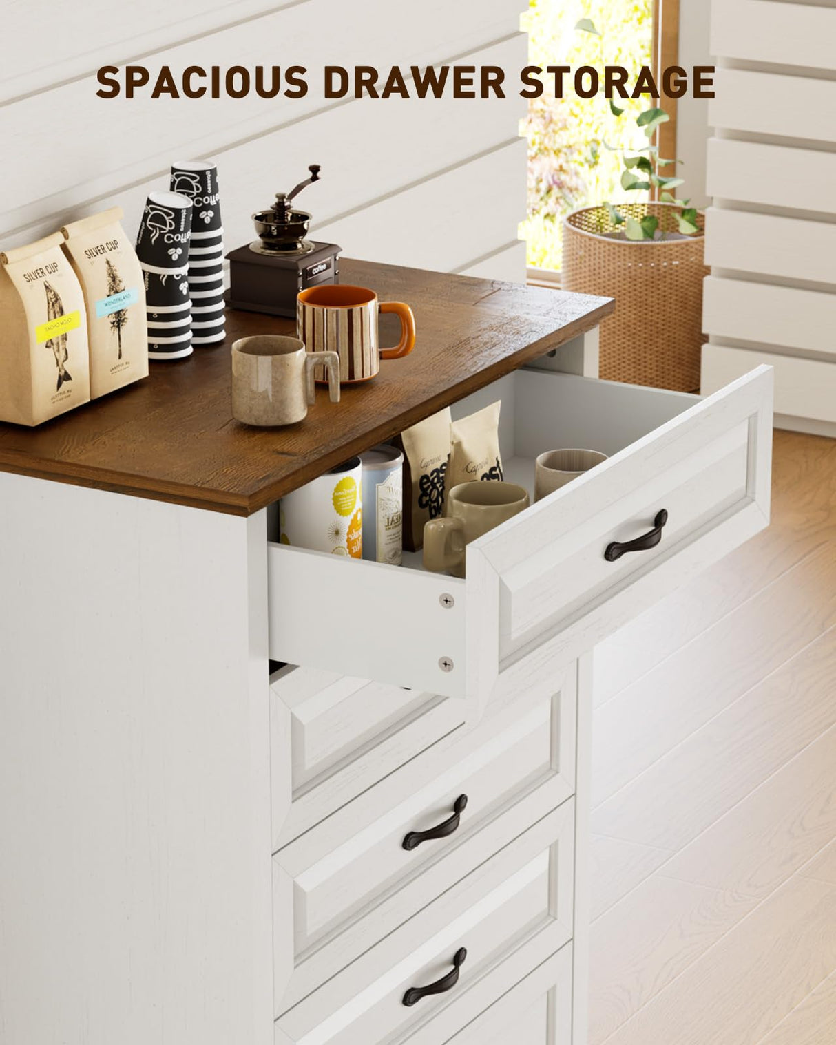 Amada 5 Drawer Dresser for Bedroom with Wood Drawers, Supports up to 22 lbs per Drawer, Anti-Tip Design for Safety, 5 Farmhouse Dresser Drawer Unit for Bedroom, Nursery, Living Room, Brown and White AMADA HOMEFURNISHING