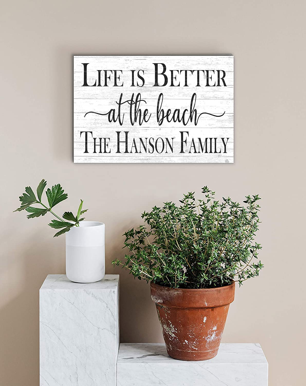 Custom Beach House Sign Personalized Beach Home Decor - Beach Theme Decoration - SOLID WOOD - 16.5 in x 10.5in (Life Is Better At The Beach - White) Broad Bay