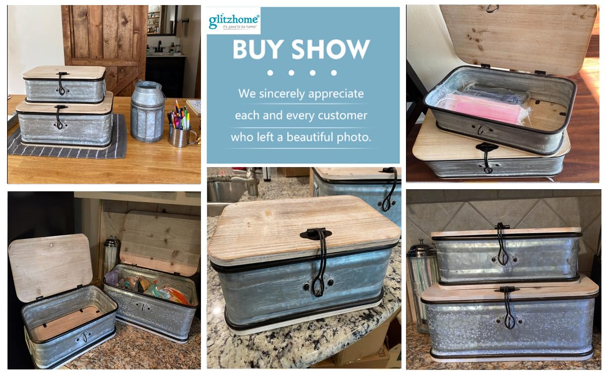 Glitzhome Decorative Galvanized Metal Boxes with Wood Lids, Set of 2 Storage Chests Small and Large Glitzhome