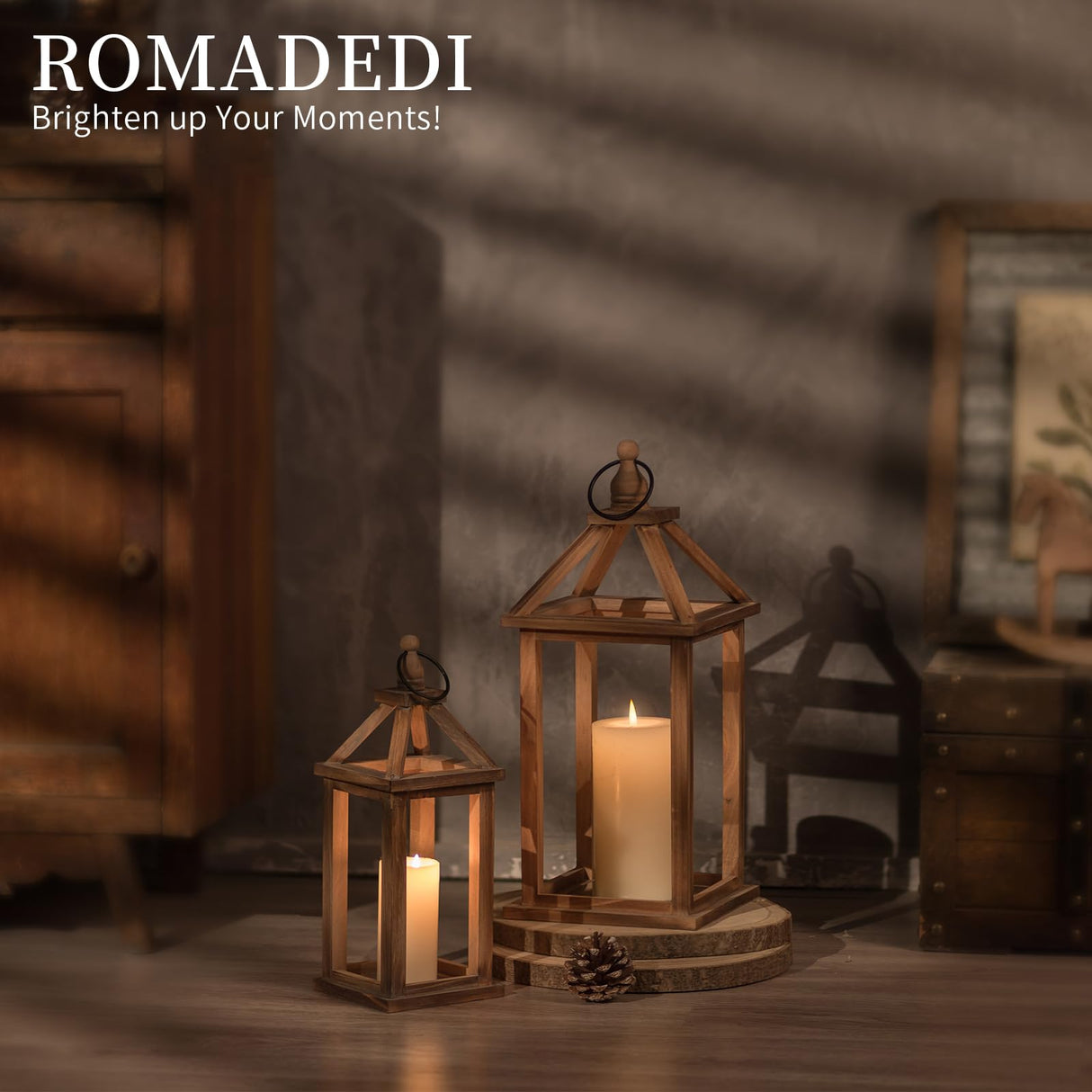 Romadedi Farmhouse Wood Candle Lantern - 12" / 16" Set of 2 Rustic Wooden Lanterns Decorative Candle Holder Home Decor Wedding Table Centerpiece Indoor Outdoor Fireplace Decorations, Brown Romadedi