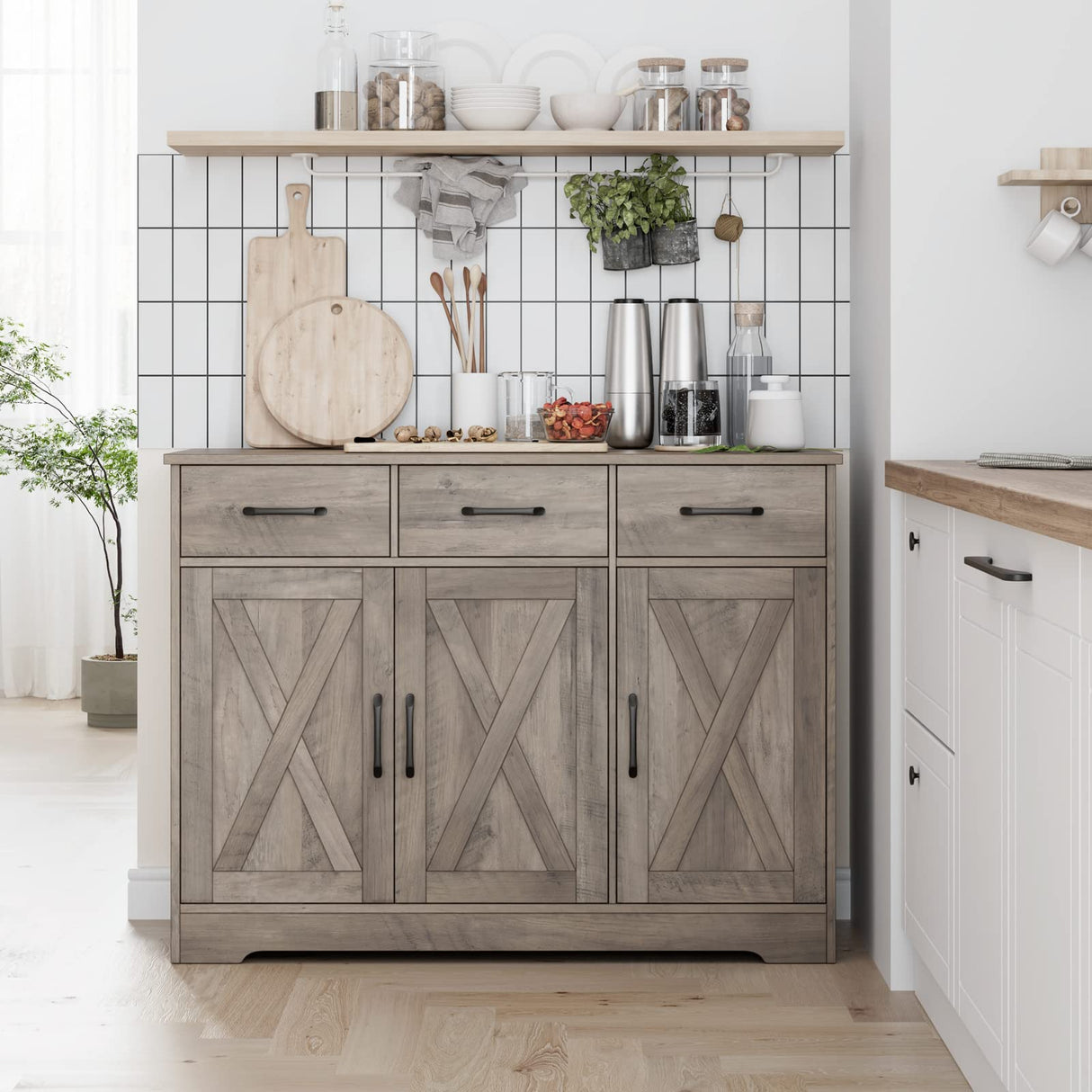 HOSTACK Modern Farmhouse Buffet Sideboard Cabinet, Barn Doors Storage Cabinet with Drawers and Shelves, Wood Coffee Bar Cabinet with Storage for Dining Room, Kitchen, Living Room, Ash Grey HOSTACK