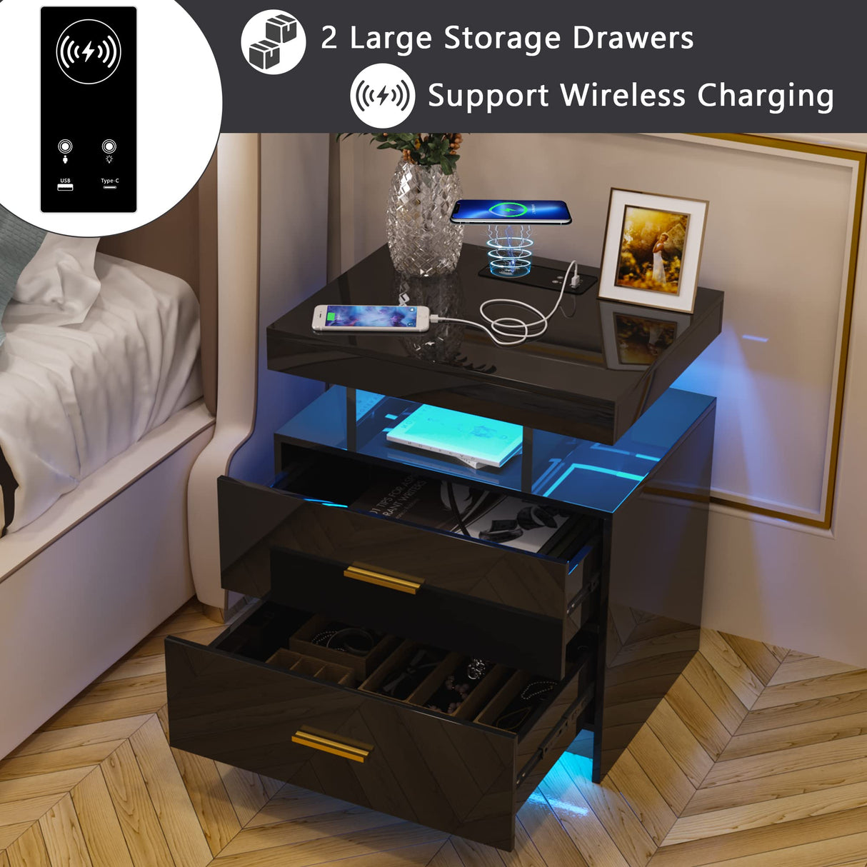 HNEBC Auto LED Nightstand with Wireless Charging Station & USB Ports,High Gloss Bedside Tables with 2 Drawers,Floating Nightstand with 3 Color & Adjustable Brightness Embedded LED Light Strip HNEBC