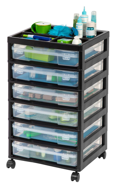 IRIS USA Fits 12" x 12" Paper, 6-Tier ScrapbookRolling Storage Cart with Organizer Top for Papers Vinyl Tools Office Art and Craft Supplies, Yarn, Black Frame with 6 Clear Cases w/ Built in Handle