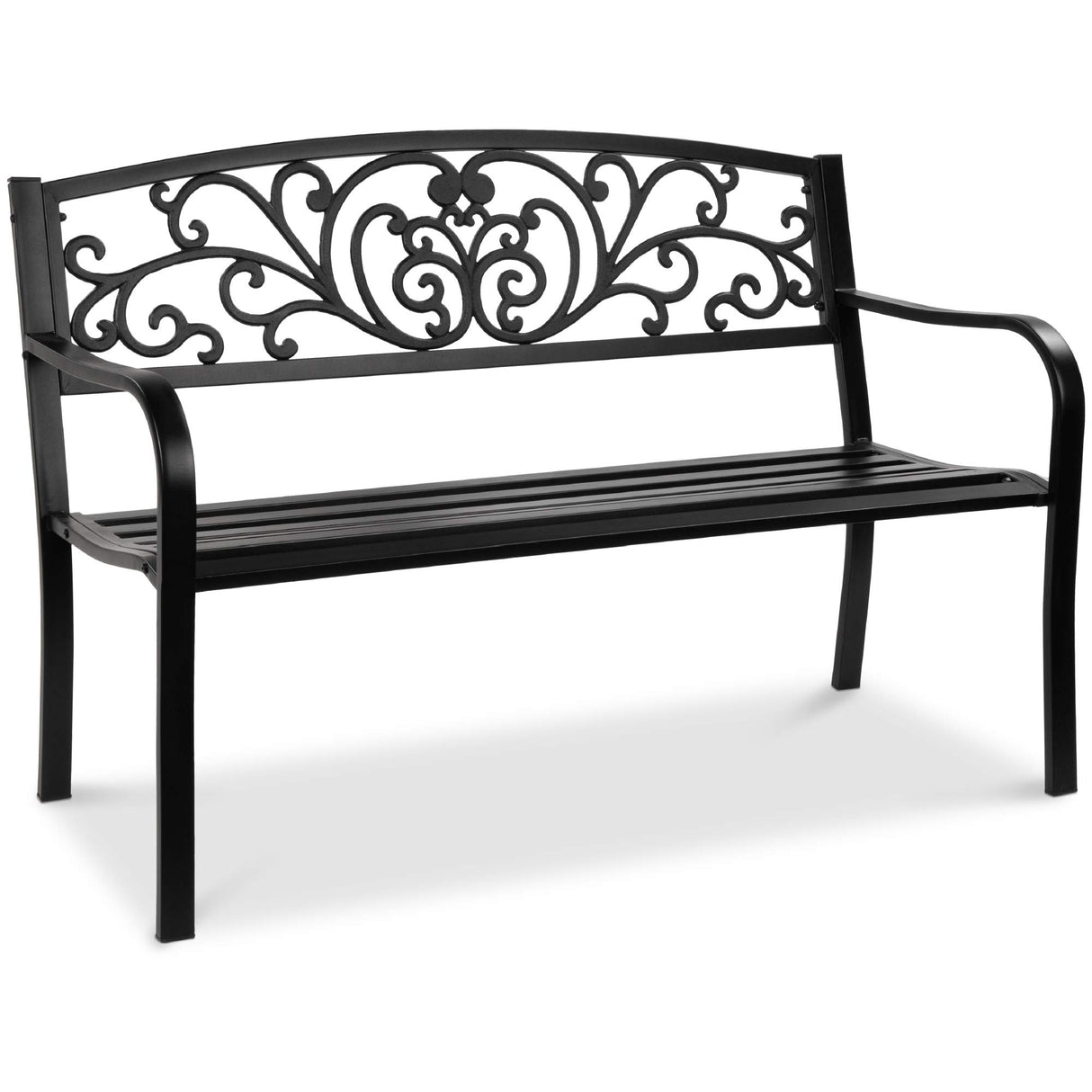 Best Choice Products Outdoor Bench Steel Garden Patio Porch Furniture for Lawn, Park, Deck w/Floral Design Backrest, Slatted Seat - Black Best Choice Products