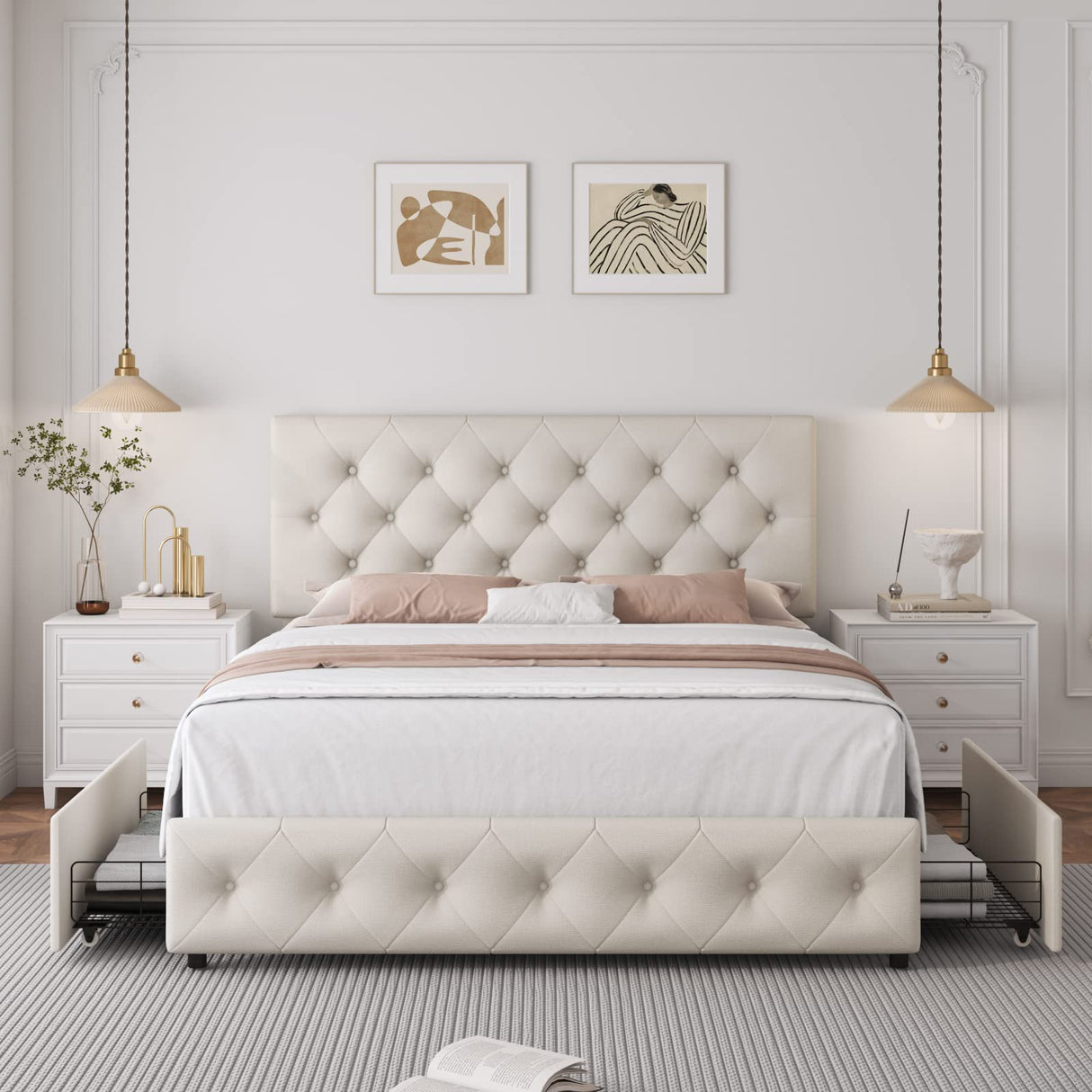 Full Size Bed Frame with 4 Storage Drawers and Adjustable Headboard, Upholstered Platform Bed with Button Tufted Design, Strong Wooden Slats Support, No Box Spring Needed, Fabric, Cream TTVIEW