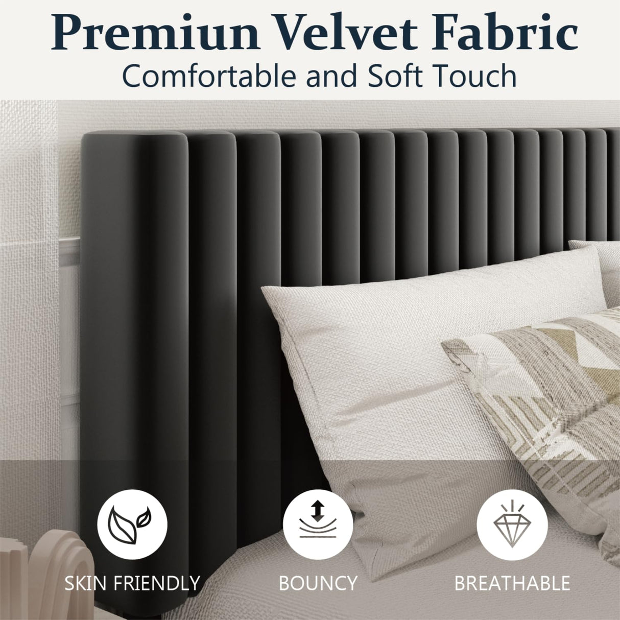 HAOARA King Size Bed Frame, King Size Platform Bed Frame and Velvet Upholstered Headboard with Strong Wood Slats, Box Spring Optional, Mattress Foundation, Easy Assembly Black HAOARA