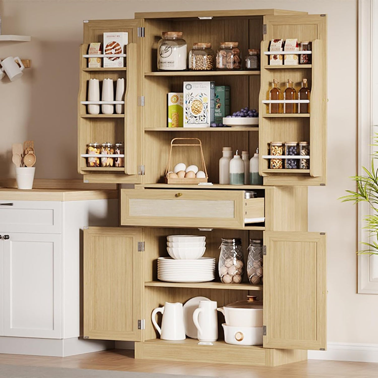 PeacefulHues 70inch Tall Kitchen Pantry, Rattan Cupboard Storage Cabinet with 1 Drawer and 6 Door Shelves for Dinning Living Room Kitchen Laundry, Natural Oak PeacefulHues