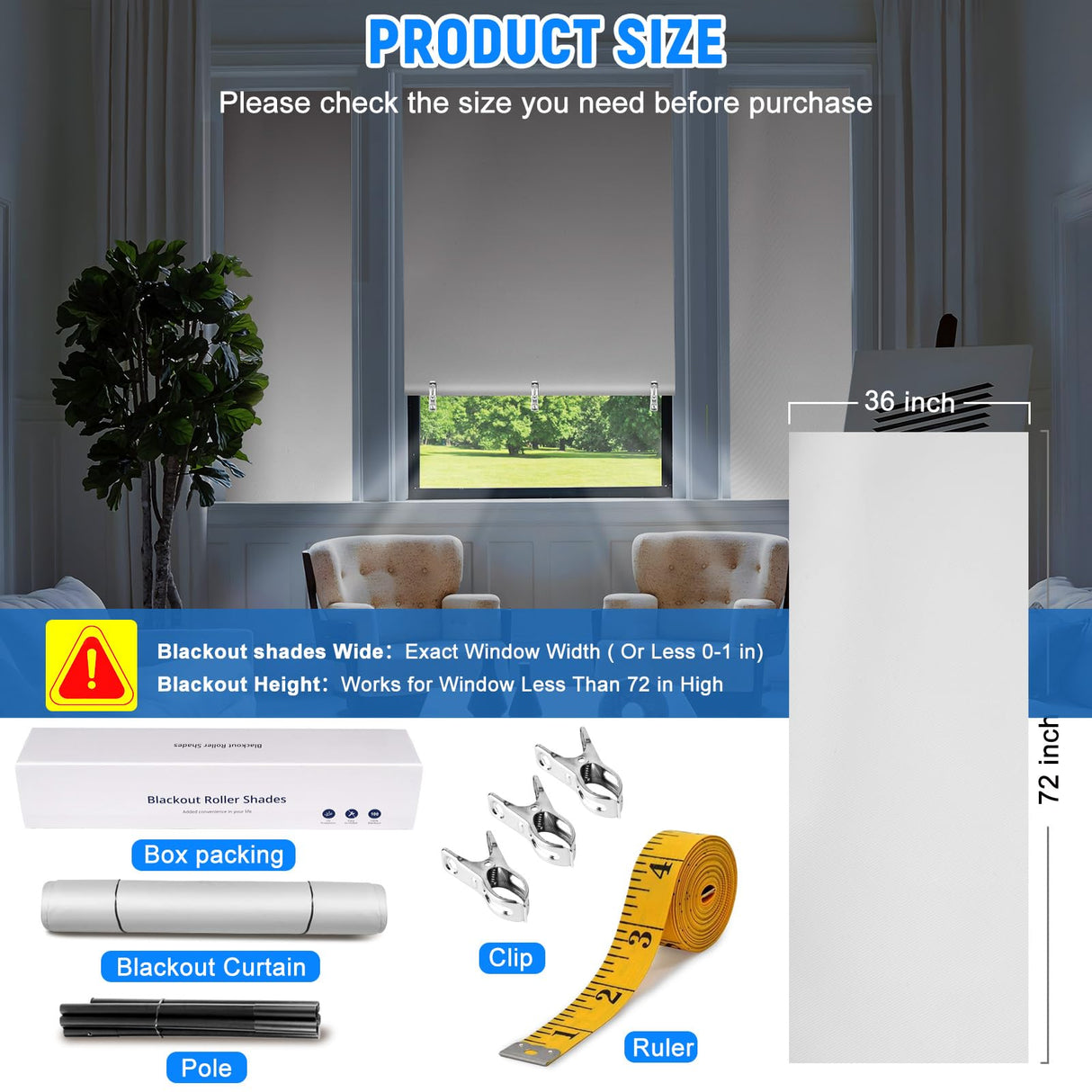 Blackout Curtains for Bedroom, Self Adhesive Indoor Blackout Blinds, No Drilling or Tools, UV Protection, Portable Roller Window Shades for Living Room Office or RV Travel (36" W × 72" H, White) Hezbjiti