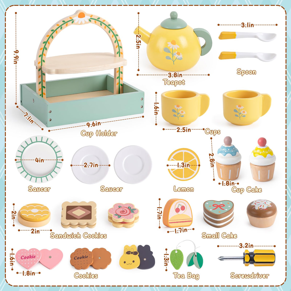 Toyssa Wooden Tea Party Set for Little Girls Toys Toddler Tea Set with Storage Cupcake Stand & Play Kitchen Accessories, Wooden Toys for Toddlers 2 3 4 5 6 Years Old, Birthday Kids Girls Gifts 1-3 Toyssa