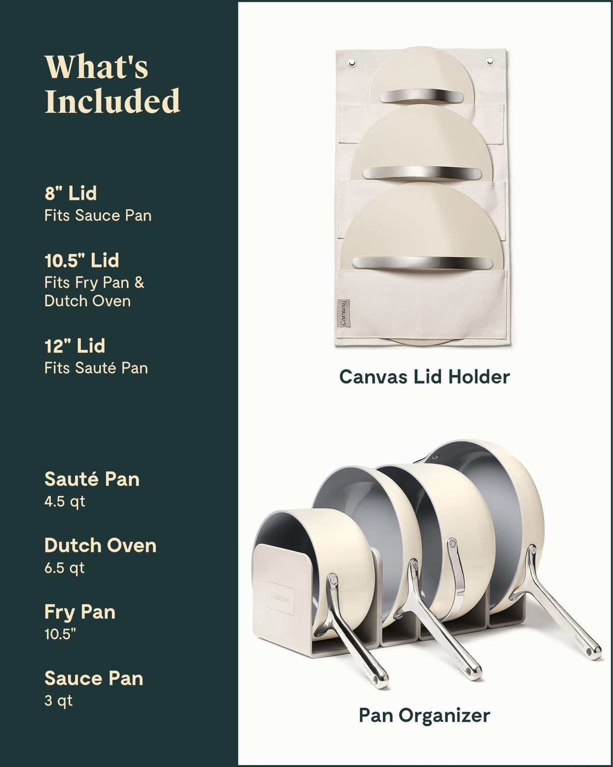 Caraway Nonstick Ceramic Cookware Set (12 Piece) Pots, Pans, 3 Lids and Kitchen Storage - Non Toxic - Oven Safe & Compatible with All Stovetops - Cream Caraway