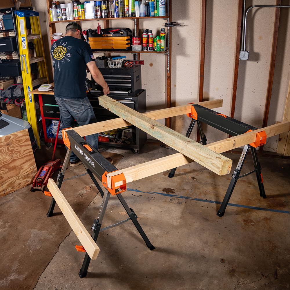 Klein Tools 66188 Folding Saw Horse, 2x4 Support Arms, 26-Inch to 32-Inch Adjustable Height, Heavy Duty Jobsite Table, 1-Pack Klein Tools