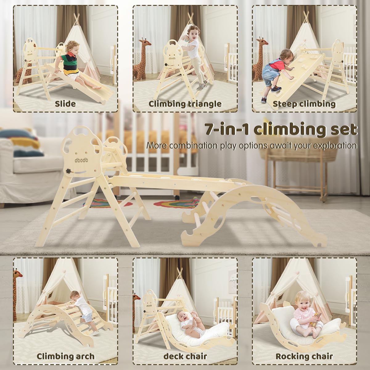 Pikler Triangle Set 7in1 Montessori Foldable Wooden Baby Climbing Toys for Toddlers 18months-6years Inside Jungle Play Gym for Kids,Indoor Playground with Ramp,Arch and Ladder dbodb