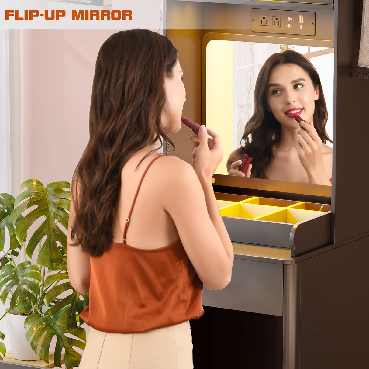 Gurexl 3 in 1 Vanity Desk with Human Sensor LED Light,Tall Makeup Vanity Set with 2 AC Outlets & USB-C,Make Up Vanity Desk with Flip-up Mirror,Jewelry Box,Cushioned Tool,2 Drawer,Bedroom Gurexl