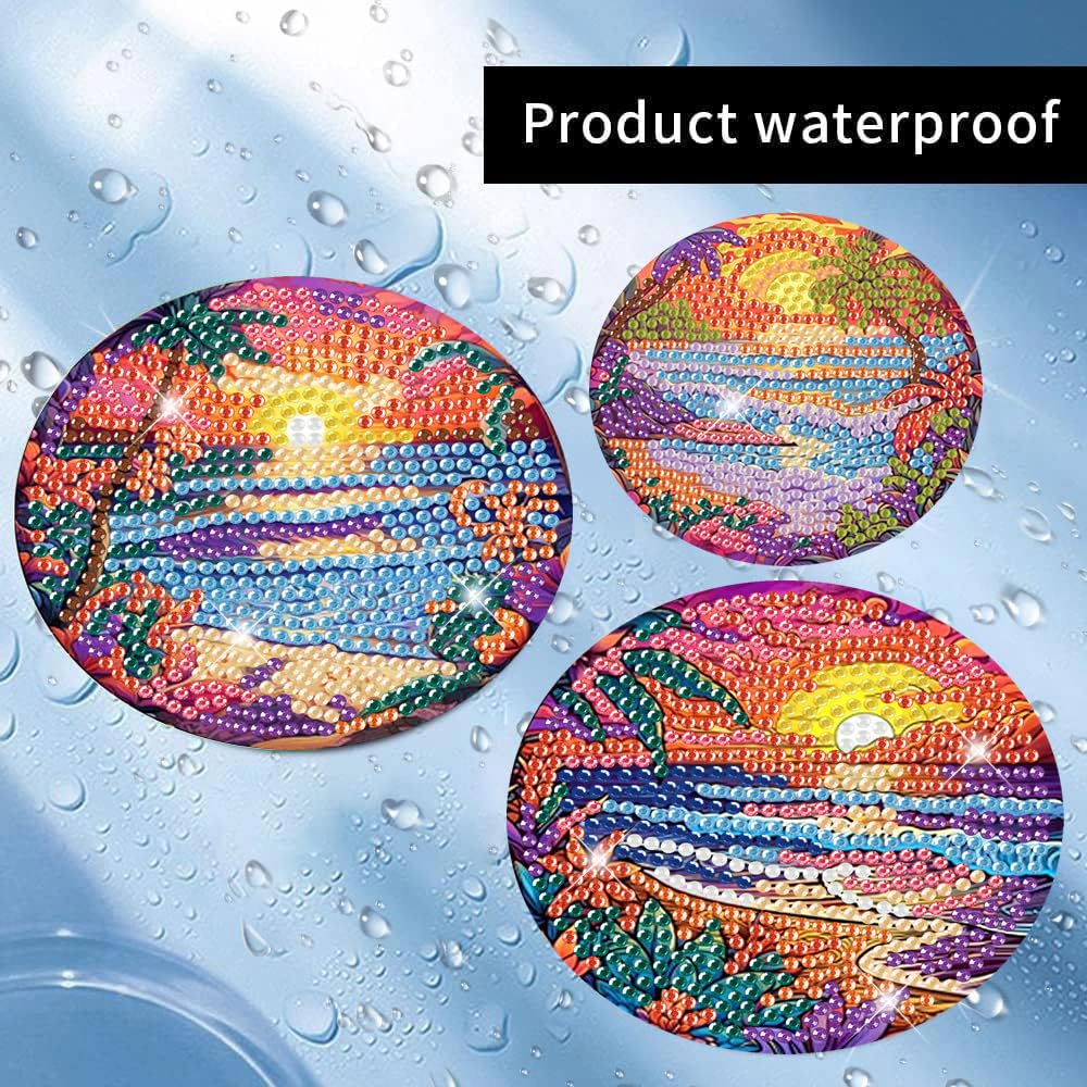 Meothan 8 Pcs Diamond Art Coasters kit with Holder Cork Pads, Diamond Dot Art Painting Coasters Kit for Adults (Sunset Beach) Meothan