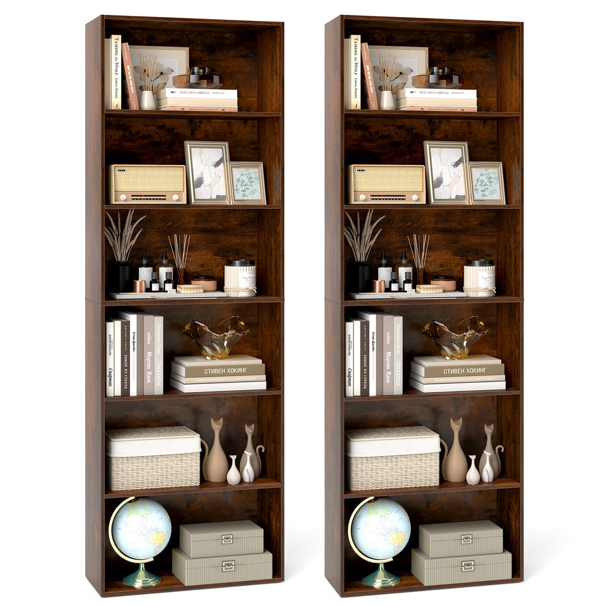 Tangkula 6-Tier Bookcase Set of 2, 70” Tall Freestanding Bookshelf with 6 Open Shelves, Anti-Toppling Kits, Floor Display Storage Bookcase for Living Room, Study, Home & Office (2, Rustic Brown) Tangkula