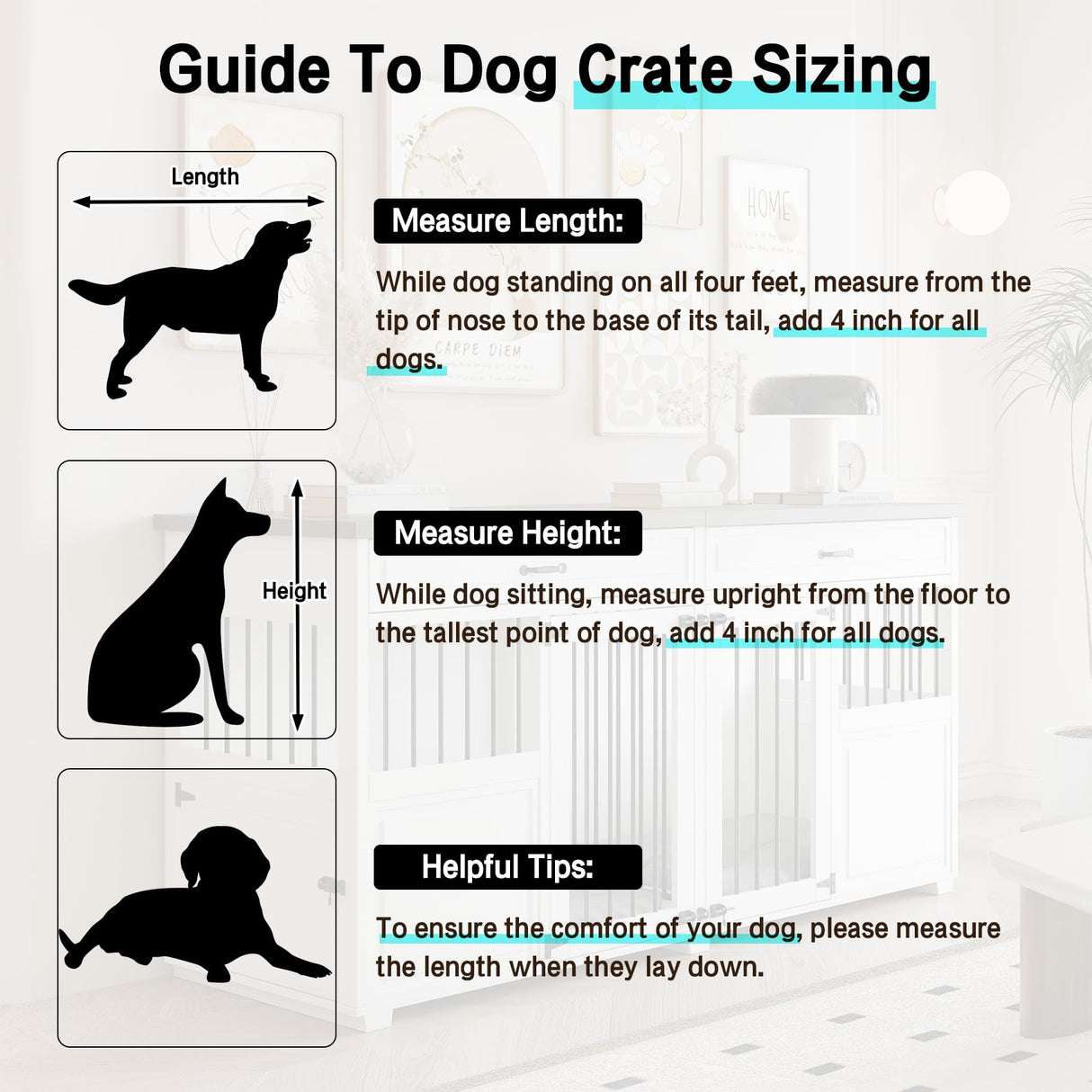 Dog Crate Furniture - Indoor Wood Dog Kennel Furniture 4 Doors with Divider and 2 Drawers - 72" L x 23.6" W x 34.8" H, White Faceket