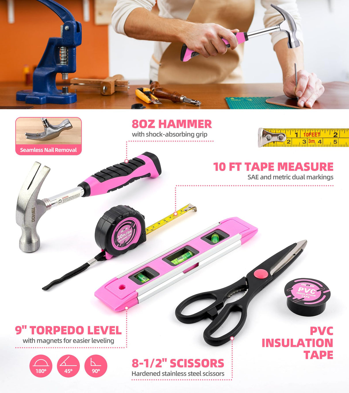 143 Pcs Pink Homeowner Tool Set with 3.6V Cordless Screwdriver General Household Hand Tool Kit with Plastic Tool box Storage Case for Women,Men DOWELL