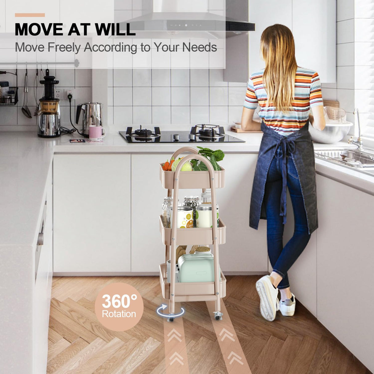 EAGMAK 3 Tier Utility Rolling Cart, Metal Storage Cart with Handle and Lockable Wheels, Multifunctional Storage Organizer Trolley with Mesh Baskets for Kitchen, Living Room, Office, Garage (Beige) EAGMAK