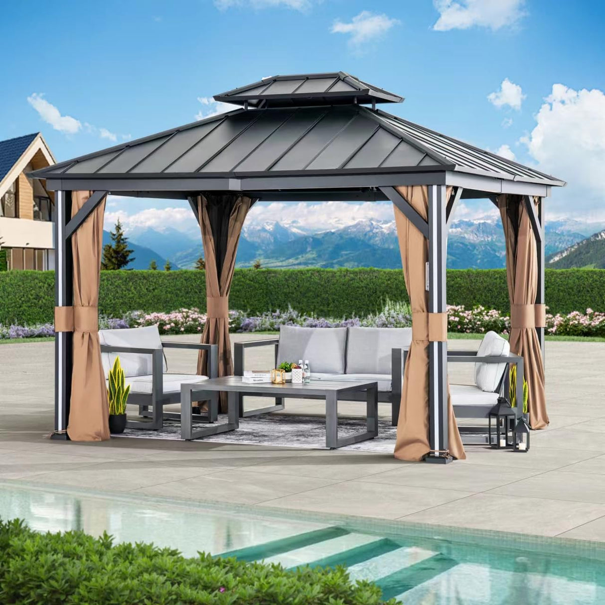 Modern Shade 10' x 12' Hardtop Gazebo with Galvanized Steel Roof, Aluminum Frame, Mosquito Netting, Curtains, 4 LED Lights, USB & USB-C Charging Port Permanent Outdoor Pavilion for Backyard Patio Modern Shade Outdoor Living Spaces