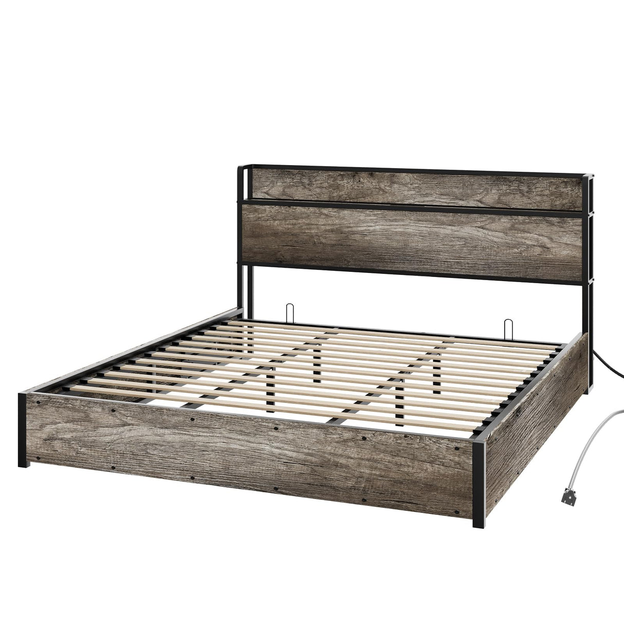 AMERLIFE King Size Lift Up Storage Bed Frame, Wooden Platform Bed Frame with Lifting Storage & Charging Station, No Spring Box Needed/Noise Free, Rustic Grey AMERLIFE