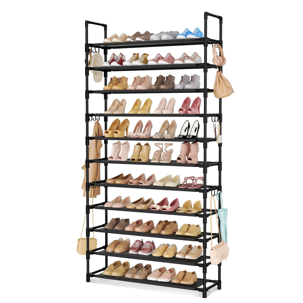LANTEFUL 11 Tiers Tall Shoe Rack Holds 55 Pairs of Shoes with 18pcs Hooks Sturdy Wide Shoe Organizer Storage Free Standing Metal Shoe Shelf for Closet, Entryway Black LANTEFUL