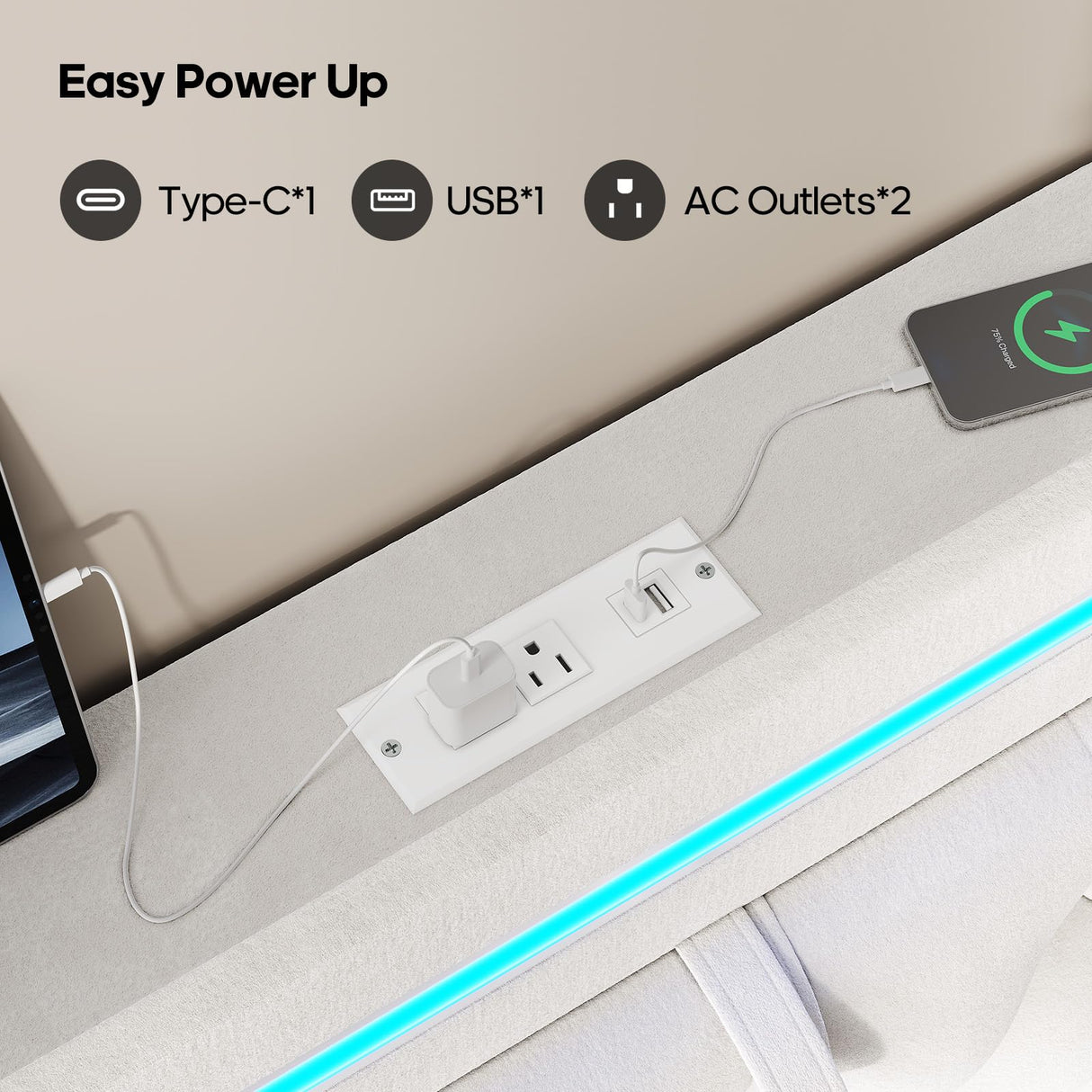 HAUOMS Queen Bed Frame with 3 XL Storage Drawers, Storage Headboard with RGB Lights & Charging Station, Velvet Upholstered Platform Bed Queen Size, No Box Spring Needed, Noise-Free, Creamy White HAUOMS