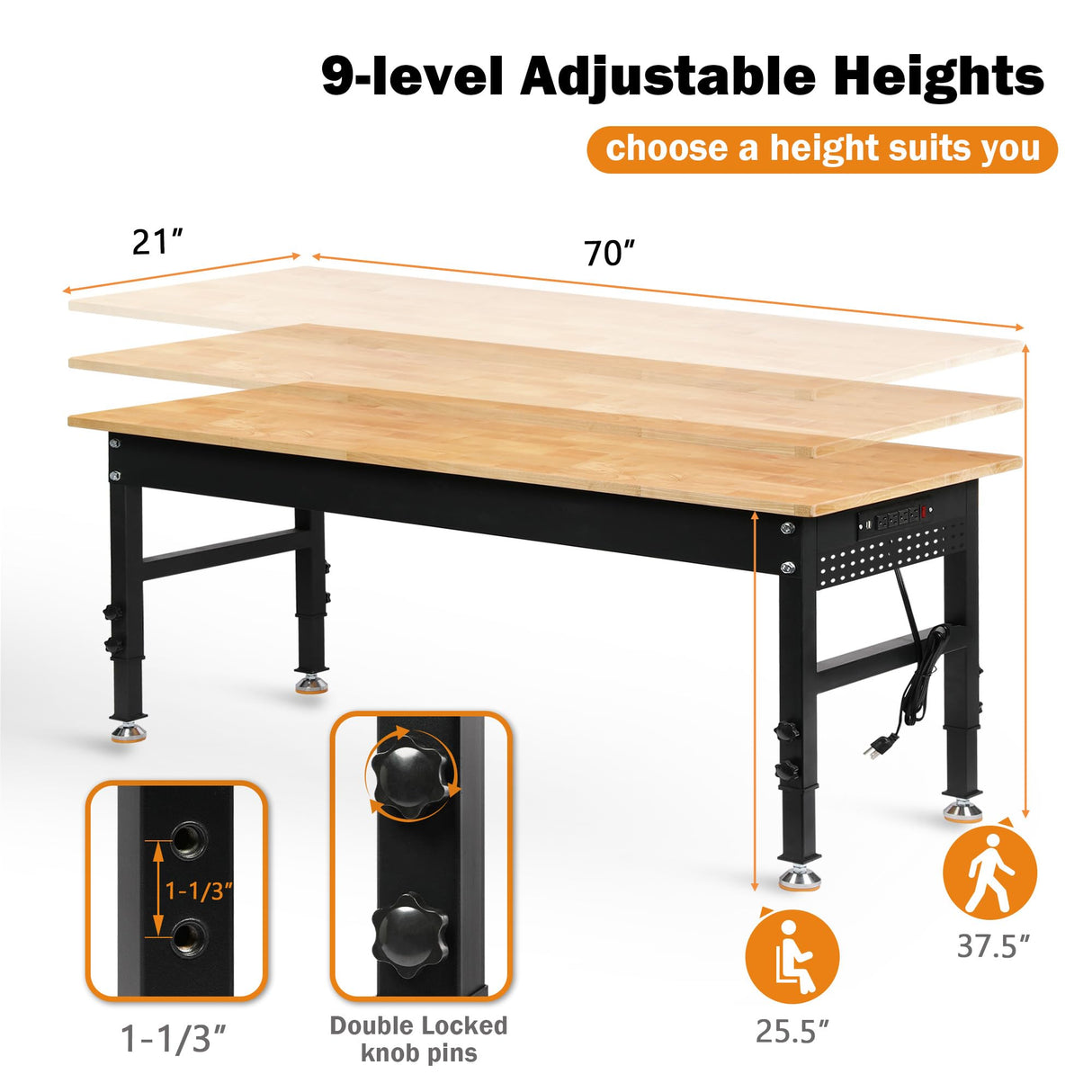 Betterhood 70" Adjustable Height Workbench, 2000 LBS Heavy Duty Work Table with Power Outlets & Pegboard, Rubber Wood Workstation for Garage, Workshop, Office, Home, Commercial Betterhood