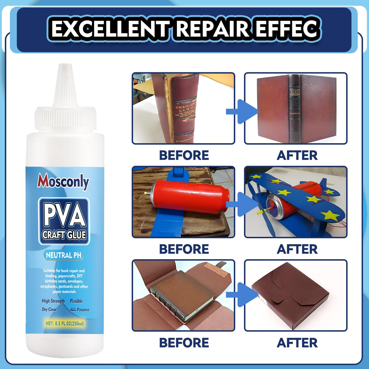 PH Neutral PVA Glue, 8.5 Oz Art Precision Craft Glue, Archival Quality Acid-Free Book Binding Adhesive, Dries Clear & Flexible,Ideal for Framing, Collages, Paper Crafts Mosconly