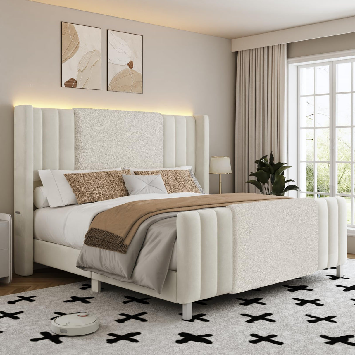 Lihimte Queen Size Bed Frame with Tall Headboard and Footboard, Boucle and Velvet Upholstered Bed Frame Queen with LED Lights, Modern Platform Bed Frames, Noiseless, Easy Assembly, White Lihimte