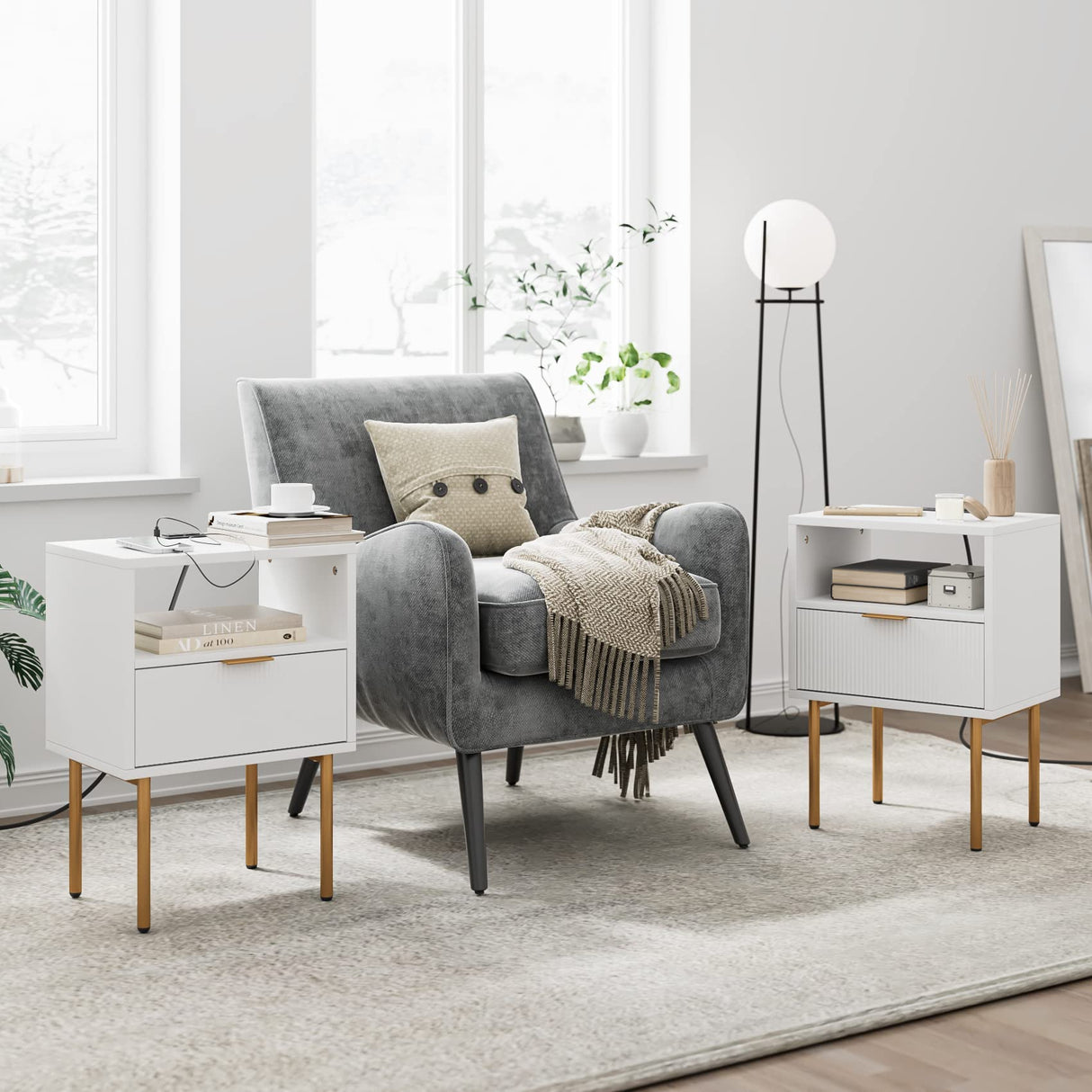 Masupu Nightstand with Charging Station,Mid-Century Modern Bedside Table with Storage Drawer and Open Wood Shelf,Small Gold Frame Side Table for Bedroom,Living Room (White) Masupu