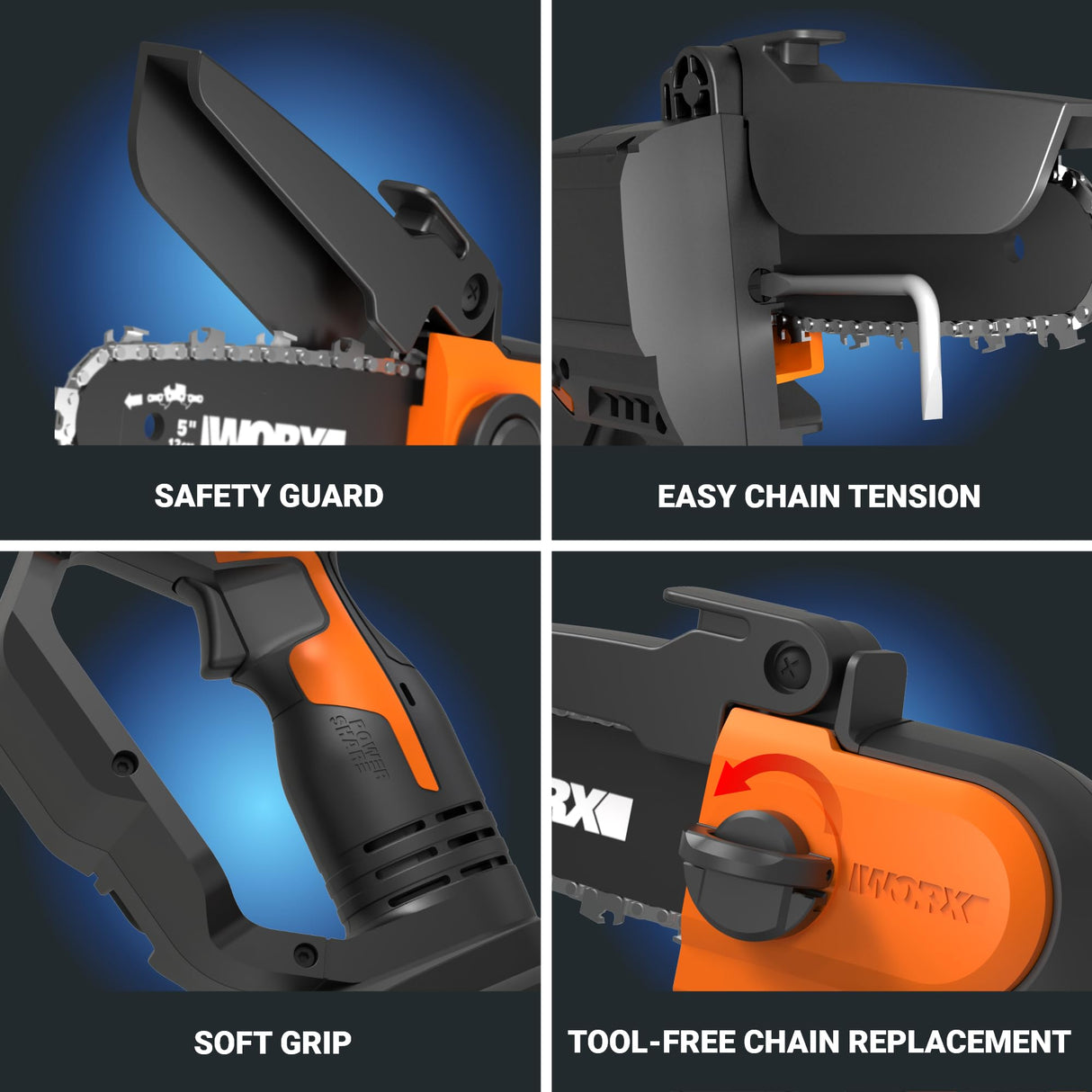 Worx 20V 5" Mini Cordless Chainsaw, 3.9 lbs, 22 ft/s Chain Speed, Power Share Battery, Upper & Hand Guard WG324 - Battery & Charger Included WORX