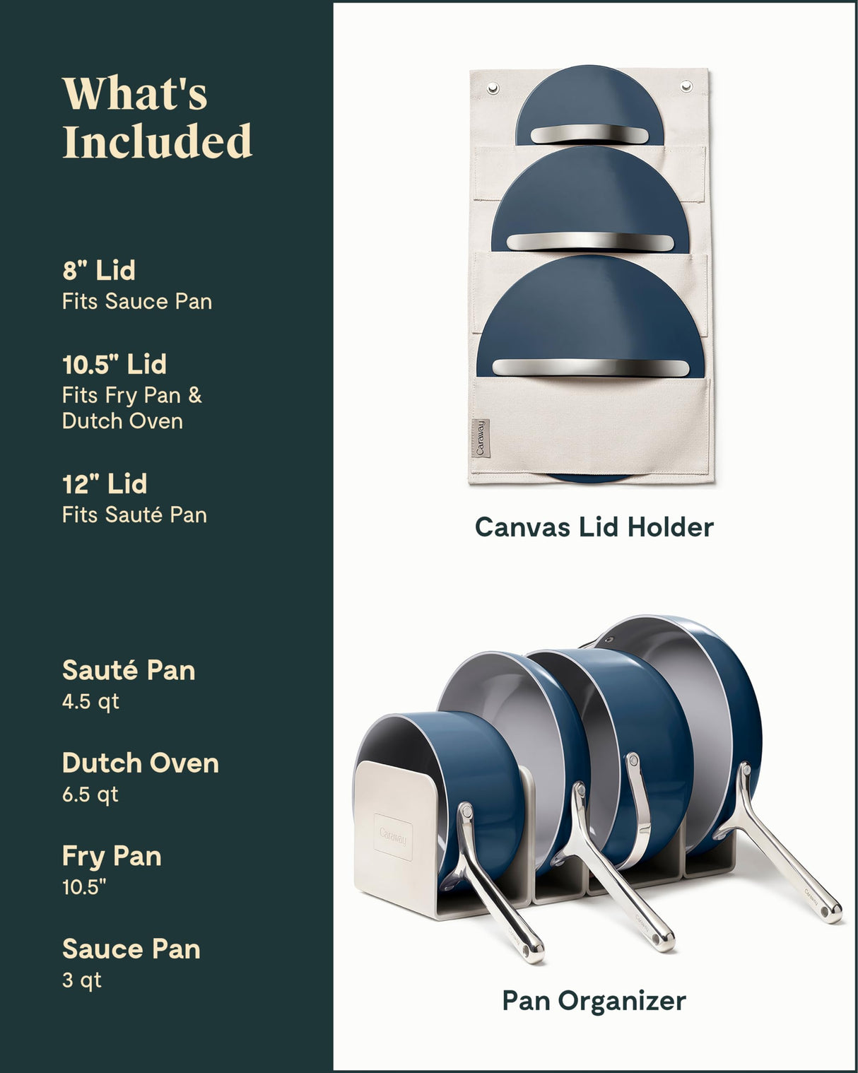 Caraway Nonstick Ceramic Cookware Set (12 Piece) Pots, Pans, Lids and Kitchen Storage - Non Toxic - Oven Safe & Compatible with All Stovetops - Navy Caraway