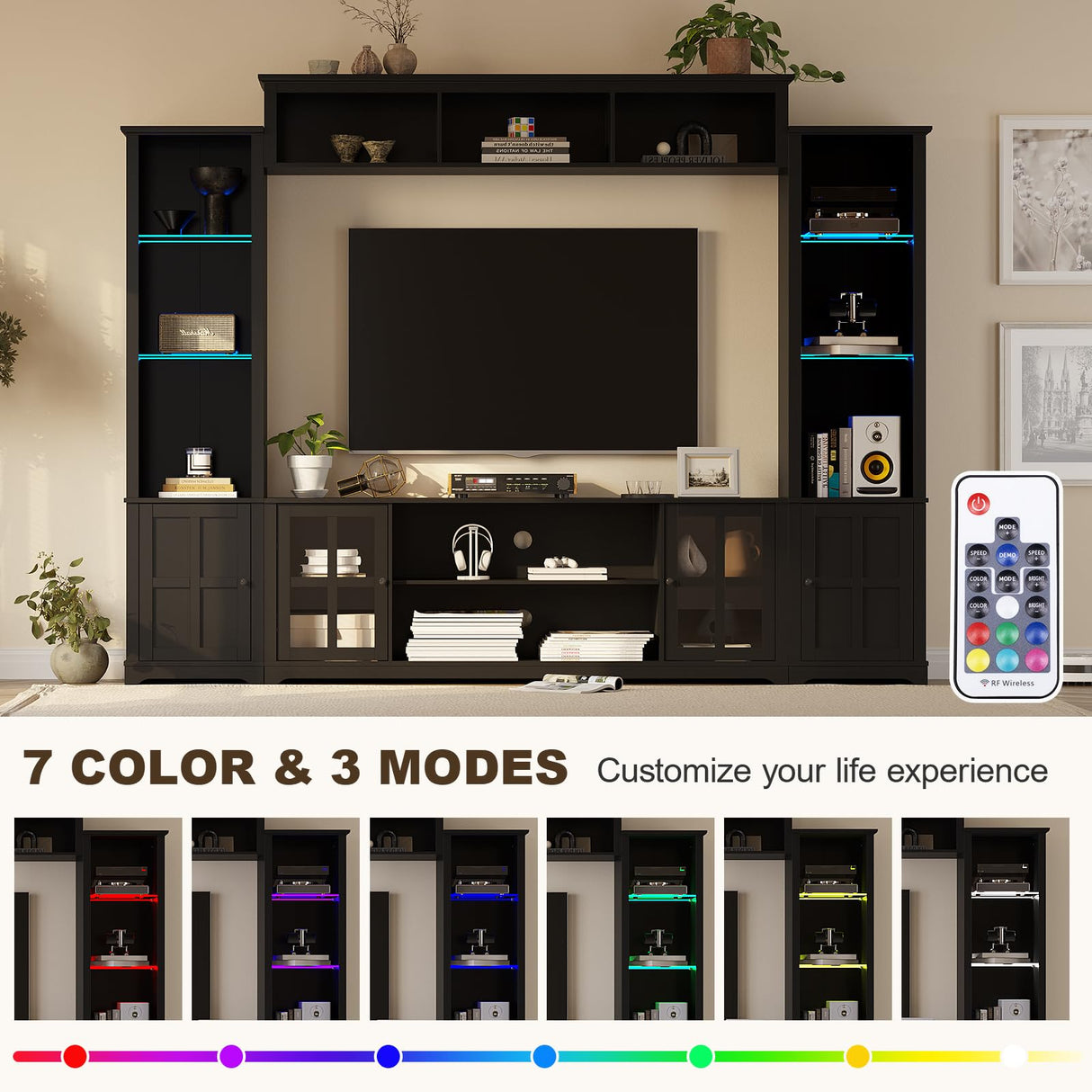 MEISSALIVVE Wall Unit TV Stand with Storage & LED Lights, Large Entertainment Center with Bookshelves for TVs up to 75", Media Console for Living Room, Black MEISSALIVVE