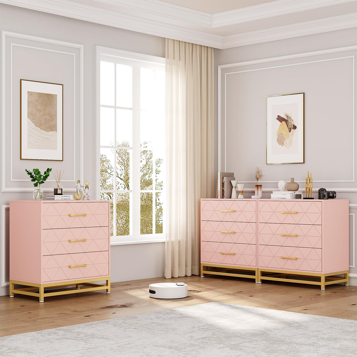 GAOMON Dresser for Bedroom with 3 Drawer, Modern Dressers Chest of Drawers, with Wide Drawers and Metal Handles, Wood Dressers, Pink GAOMON
