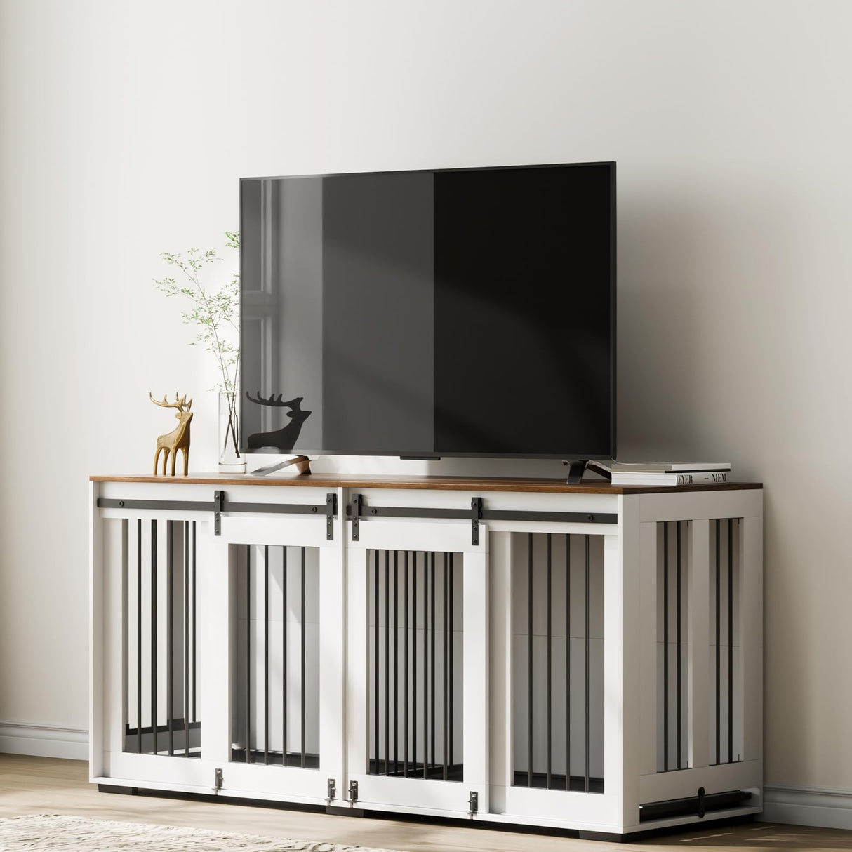 VEVOR 72"Dog Crate Furniture for 2 Dogs,Double Dog Crate Furniture with Double Sliding Doors,Large Dog Crate TV Stand with Removable Tray,Steel Frame Double Dog Crate for Small,Medium,Large Dogs White VEVOR