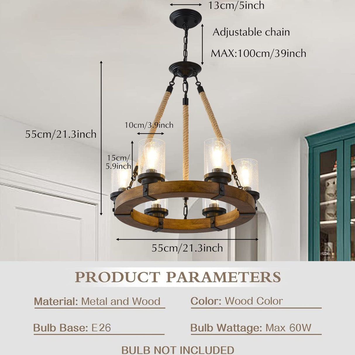 Rustic Wagon Wheel Chandelier with Seeded Glass Shades, 6 Lights Farmhouse Wood Retro Round Wagon Wheel Pendant Light for Living Room Kitchen Island Foyer Entryway BAOURE