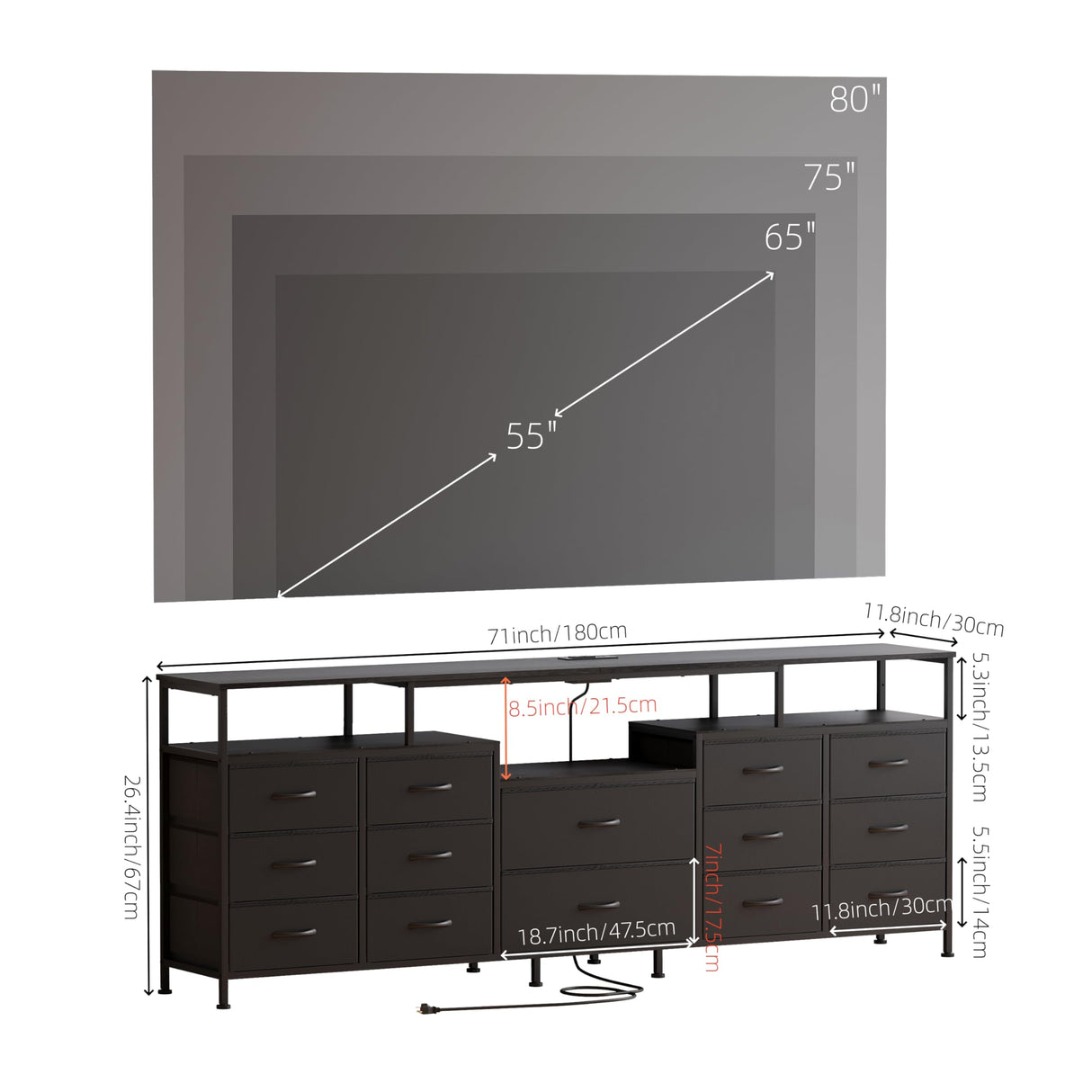 NinPeen 70.9" W Large TV Stand for 65/75/80 inchs TVs,14 Drawer Long Dresser with Charging Station and LED Lights,Entertainment Center with Storage for Living Room (Black, 70.9" W) NinPeen