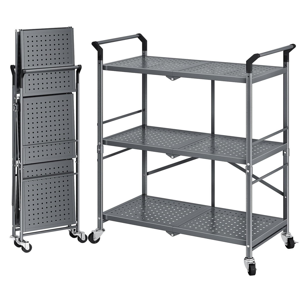 Rolling Utility Cart Folding Cart with Wheels - 3 Tier Collapsible Metal Cart, Large Capacity SNTD