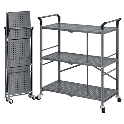 Rolling Utility Cart Folding Cart with Wheels - 3 Tier Collapsible Metal Cart, Large Capacity